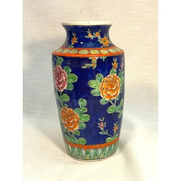 Incredible Royal Cobalt Japanese Vintage Tall Vase With Pheasants Chinoiserie